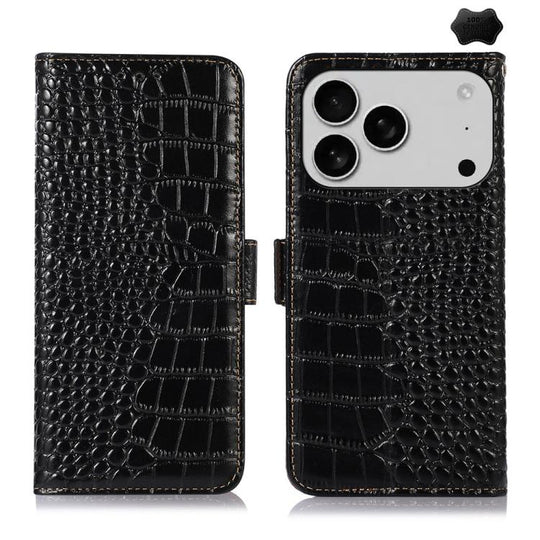 For iPhone 18 Pro / 17 Pro Crocodile Top Layer Cowhide Leather Phone Case(Black)