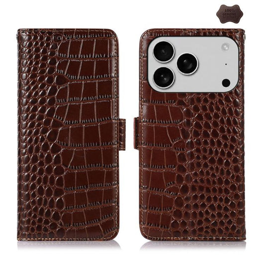 For iPhone 17 Pro Crocodile Top Layer Cowhide Leather Phone Case(Brown) - iPhone 17 Pro Cases by buy2fix | Online Shopping UK | buy2fix