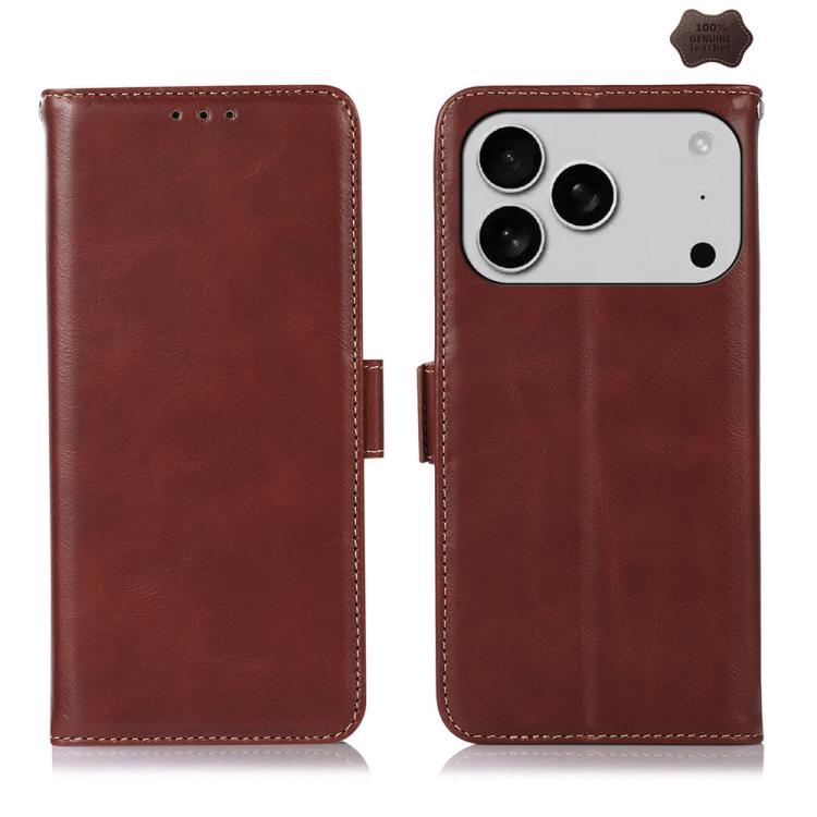 For iPhone 17 Pro Crazy Horse Top Layer Cowhide Leather Phone Case(Brown) - iPhone 17 Pro Cases by buy2fix | Online Shopping UK | buy2fix