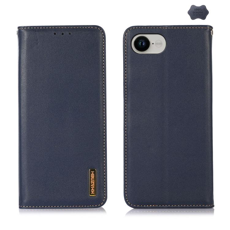 For iPhone 16e KHAZNEH Nappa Top Layer Cowhide Leather Phone Case(Blue) - iPhone 16e Cases by buy2fix | Online Shopping UK | buy2fix