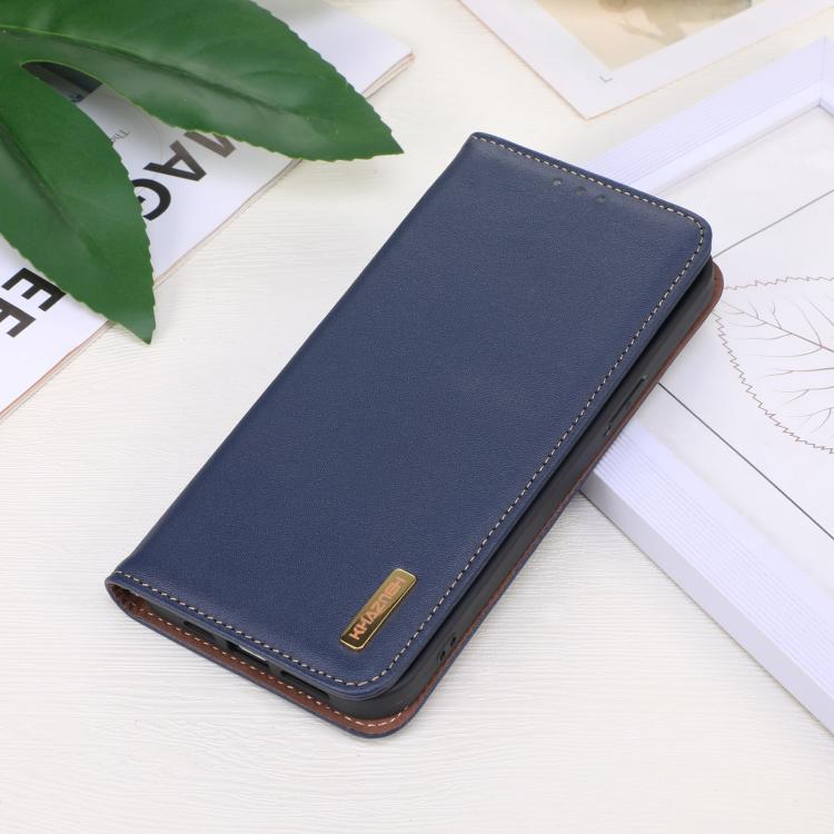 For iPhone 16e KHAZNEH Nappa Top Layer Cowhide Leather Phone Case(Blue) - iPhone 16e Cases by buy2fix | Online Shopping UK | buy2fix