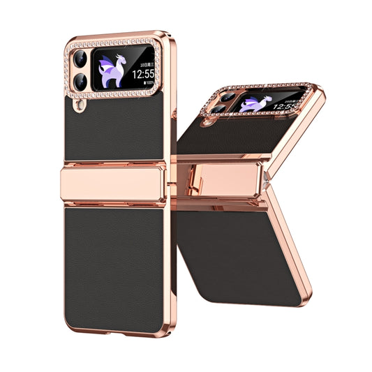 For Samsung Galaxy Z Flip4 5G Plated Plain Leather Folding Phone Case with Hinge(Black) - Galaxy Z Flip4 5G Cases by buy2fix | Online Shopping UK | buy2fix