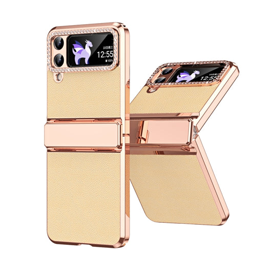 For Samsung Galaxy Z Flip4 5G Plated Plain Leather Folding Phone Case with Hinge(Gold) - Galaxy Z Flip4 5G Cases by buy2fix | Online Shopping UK | buy2fix