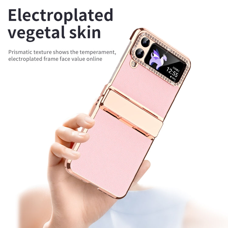 For Samsung Galaxy Z Flip3 5G Plated Plain Leather Folding Phone Case with Hinge(Pink) - Galaxy Phone Cases by buy2fix | Online Shopping UK | buy2fix