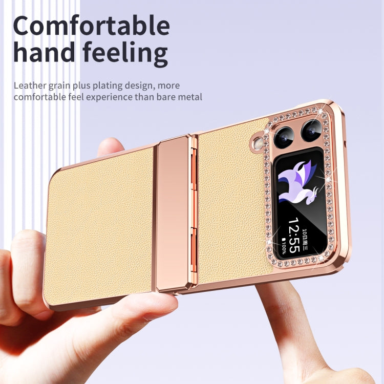 For Samsung Galaxy Z Flip3 5G Plated Plain Leather Folding Phone Case with Hinge(Gold) - Galaxy Phone Cases by buy2fix | Online Shopping UK | buy2fix