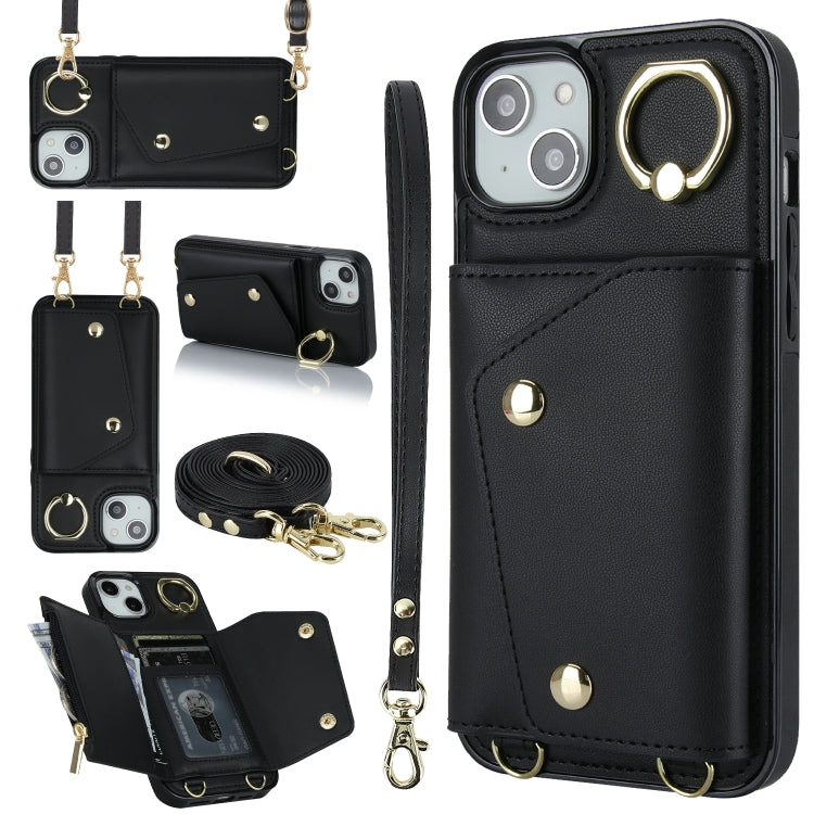 For iPhone 14 Plus Zipper Card Bag Phone Case with Dual Lanyard(Black) - iPhone 14 Plus Cases by buy2fix | Online Shopping UK | buy2fix