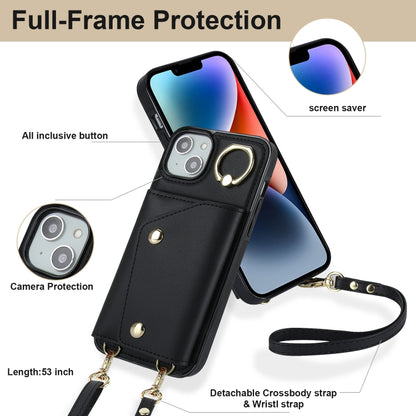 For iPhone 14 Plus Zipper Card Bag Phone Case with Dual Lanyard(Black) - iPhone 14 Plus Cases by buy2fix | Online Shopping UK | buy2fix