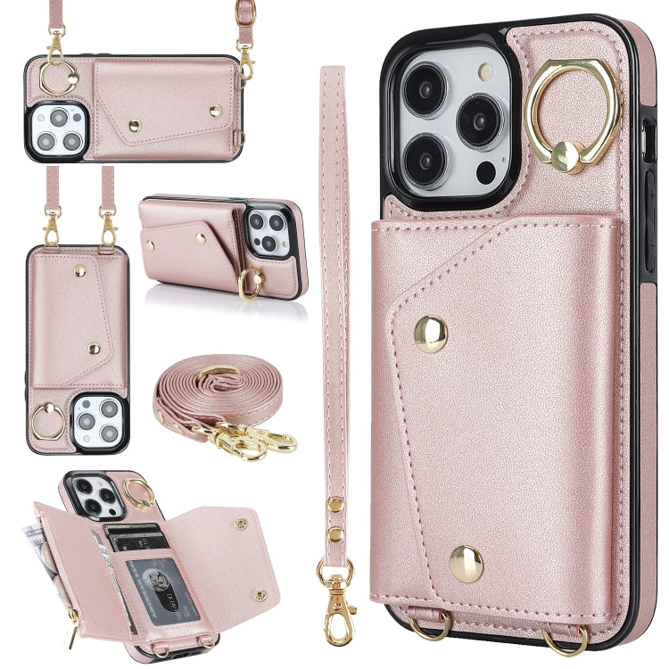 For iPhone 14 Pro Zipper Card Bag Phone Case with Dual Lanyard(Rose Gold) - iPhone 14 Pro Cases by buy2fix | Online Shopping UK | buy2fix
