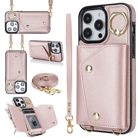For iPhone 14 Pro Zipper Card Bag Phone Case with Dual Lanyard(Rose Gold) - iPhone 14 Pro Cases by buy2fix | Online Shopping UK | buy2fix