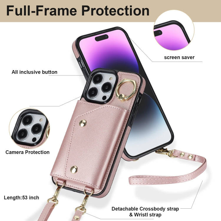 For iPhone 14 Pro Zipper Card Bag Phone Case with Dual Lanyard(Rose Gold) - iPhone 14 Pro Cases by buy2fix | Online Shopping UK | buy2fix