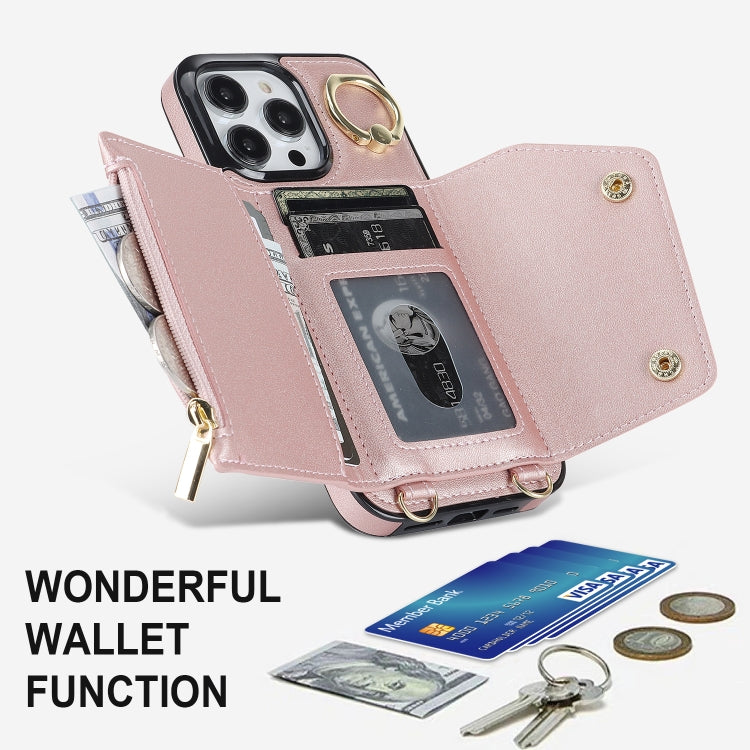 For iPhone 14 Pro Zipper Card Bag Phone Case with Dual Lanyard(Rose Gold) - iPhone 14 Pro Cases by buy2fix | Online Shopping UK | buy2fix