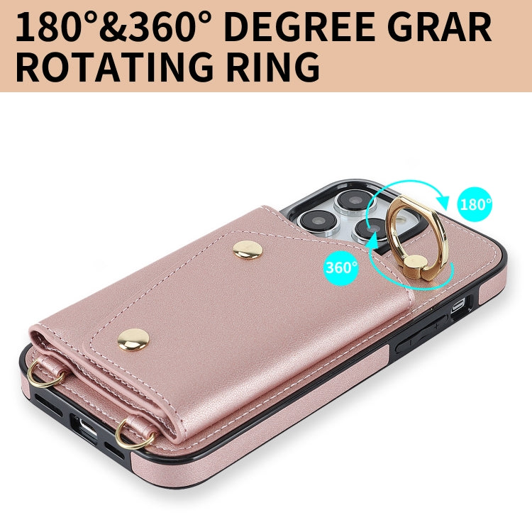 For iPhone 14 Pro Zipper Card Bag Phone Case with Dual Lanyard(Rose Gold) - iPhone 14 Pro Cases by buy2fix | Online Shopping UK | buy2fix