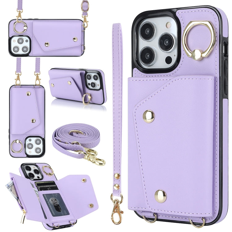 For iPhone 14 Pro Max Zipper Card Bag Phone Case with Dual Lanyard(Purple) - iPhone 14 Pro Max Cases by buy2fix | Online Shopping UK | buy2fix