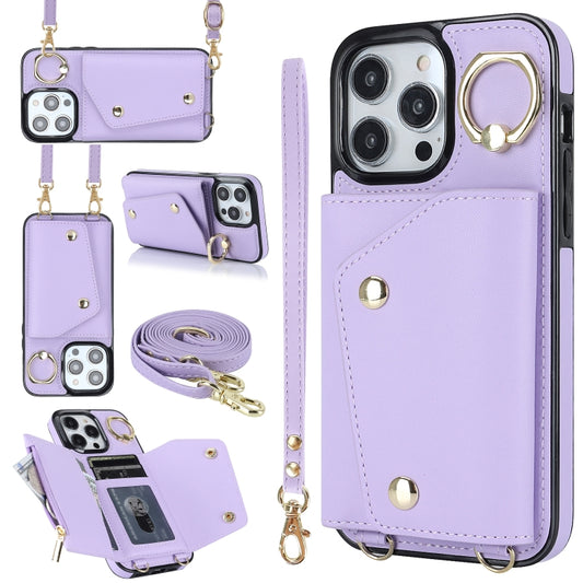 For iPhone 14 Pro Max Zipper Card Bag Phone Case with Dual Lanyard(Purple) - iPhone 14 Pro Max Cases by buy2fix | Online Shopping UK | buy2fix