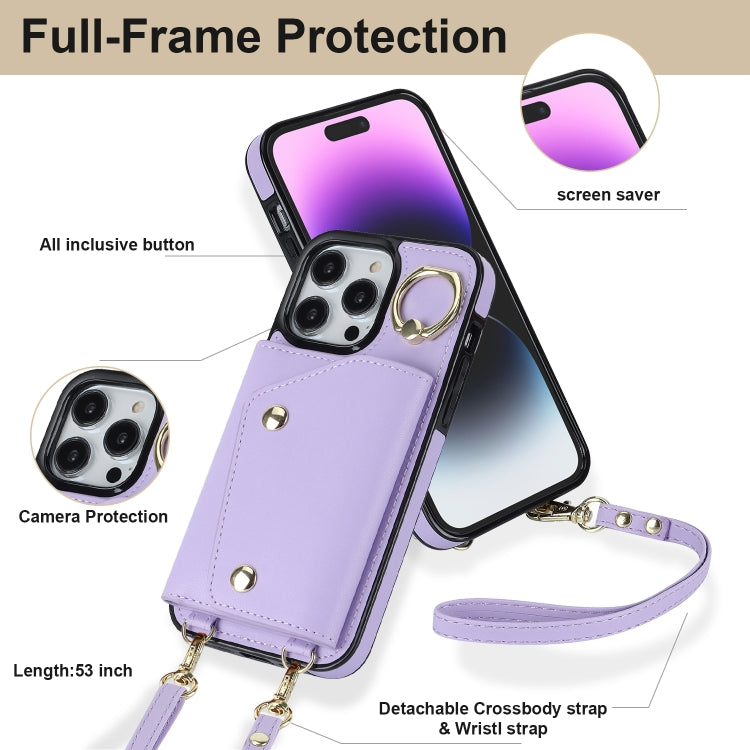 For iPhone 14 Pro Max Zipper Card Bag Phone Case with Dual Lanyard(Purple) - iPhone 14 Pro Max Cases by buy2fix | Online Shopping UK | buy2fix
