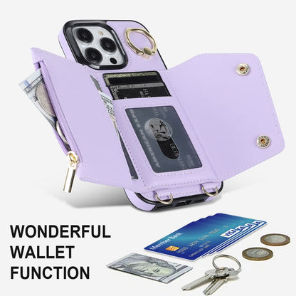 For iPhone 14 Pro Max Zipper Card Bag Phone Case with Dual Lanyard(Purple) - iPhone 14 Pro Max Cases by buy2fix | Online Shopping UK | buy2fix