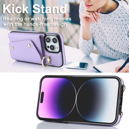 For iPhone 14 Pro Max Zipper Card Bag Phone Case with Dual Lanyard(Purple) - iPhone 14 Pro Max Cases by buy2fix | Online Shopping UK | buy2fix