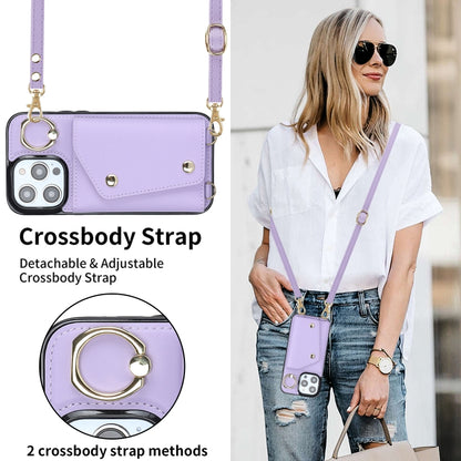 For iPhone 14 Pro Max Zipper Card Bag Phone Case with Dual Lanyard(Purple) - iPhone 14 Pro Max Cases by buy2fix | Online Shopping UK | buy2fix