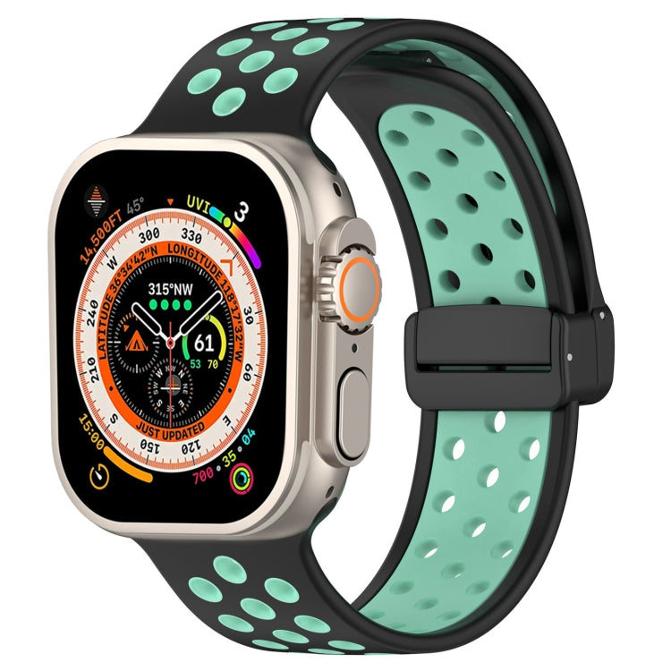 For Apple Watch Ultra 49mm Magnetic Buckle Silicone Watch Band(Black Cyan) - Watch Bands by buy2fix | Online Shopping UK | buy2fix