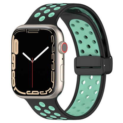 For Apple Watch 8 45mm  Magnetic Buckle Silicone Watch Band(Black Cyan) - Watch Bands by buy2fix | Online Shopping UK | buy2fix