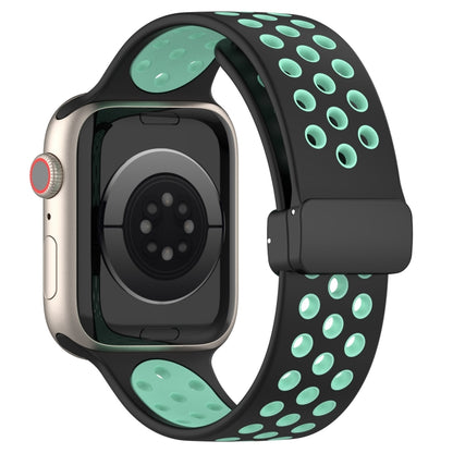 For Apple Watch 8 45mm  Magnetic Buckle Silicone Watch Band(Black Cyan) - Watch Bands by buy2fix | Online Shopping UK | buy2fix