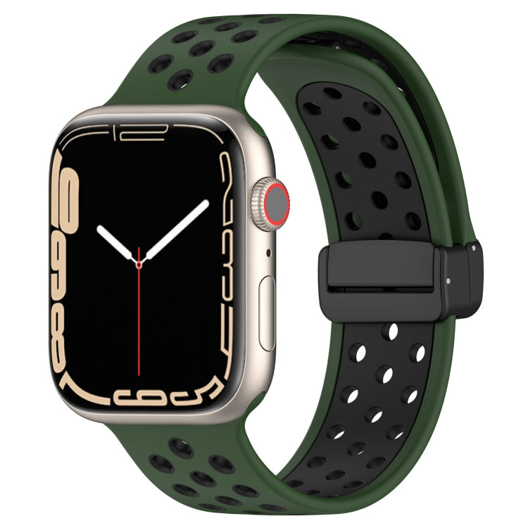 For Apple Watch 8 45mm  Magnetic Buckle Silicone Watch Band(Army Green Black) - Watch Bands by buy2fix | Online Shopping UK | buy2fix