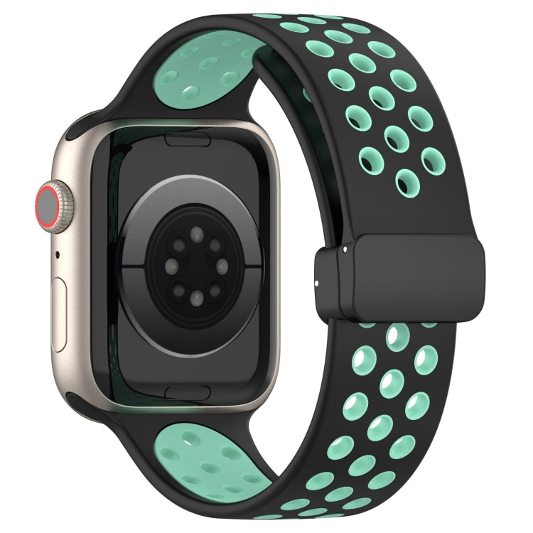 For Apple Watch SE 2022 44mm Magnetic Buckle Silicone Watch Band(Black Cyan) - Watch Bands by buy2fix | Online Shopping UK | buy2fix