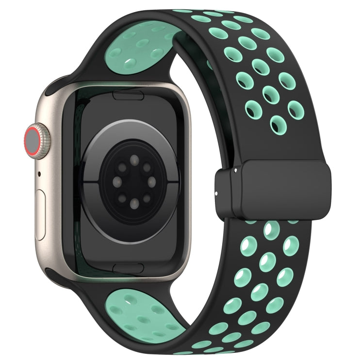 For Apple Watch SE 2023 44mm Magnetic Buckle Silicone Watch Band(Black Cyan) - Watch Bands by buy2fix | Online Shopping UK | buy2fix