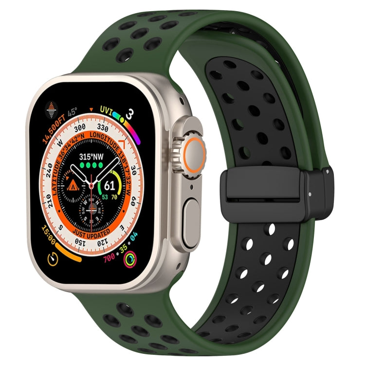 For Apple Watch Series 9 45mm Magnetic Buckle Silicone Watch Band(Army Green Black) by buy2fix
