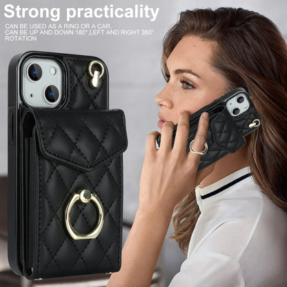 For iPhone 14 Rhombic Texture Card Bag Phone Case with Long Lanyard(Black) - iPhone 14 Cases by buy2fix | Online Shopping UK | buy2fix