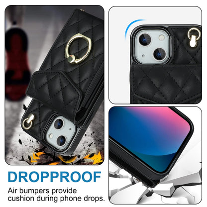 For iPhone 14 Rhombic Texture Card Bag Phone Case with Long Lanyard(Black) - iPhone 14 Cases by buy2fix | Online Shopping UK | buy2fix