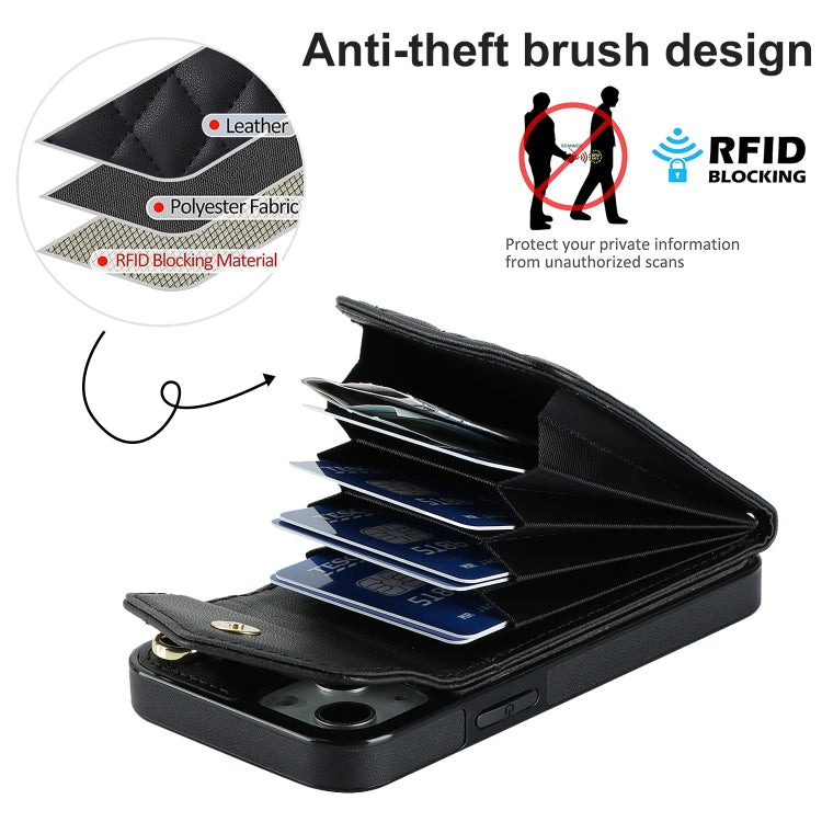 For iPhone 14 Rhombic Texture Card Bag Phone Case with Long Lanyard(Black) - iPhone 14 Cases by buy2fix | Online Shopping UK | buy2fix