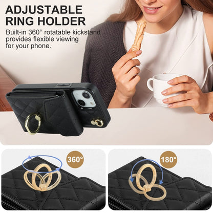 For iPhone 14 Rhombic Texture Card Bag Phone Case with Long Lanyard(Black) - iPhone 14 Cases by buy2fix | Online Shopping UK | buy2fix