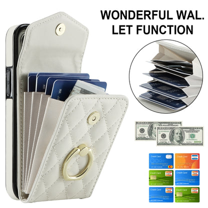 For iPhone 14 Rhombic Texture Card Bag Phone Case with Long Lanyard(White) - iPhone 14 Cases by buy2fix | Online Shopping UK | buy2fix