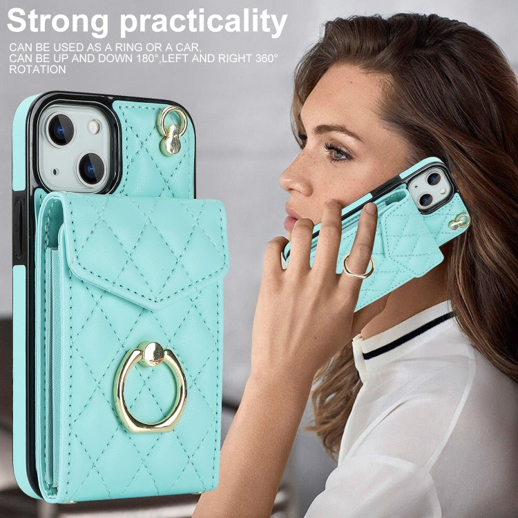For iPhone 14 Rhombic Texture Card Bag Phone Case with Long Lanyard(Mint Green) - iPhone 14 Cases by buy2fix | Online Shopping UK | buy2fix