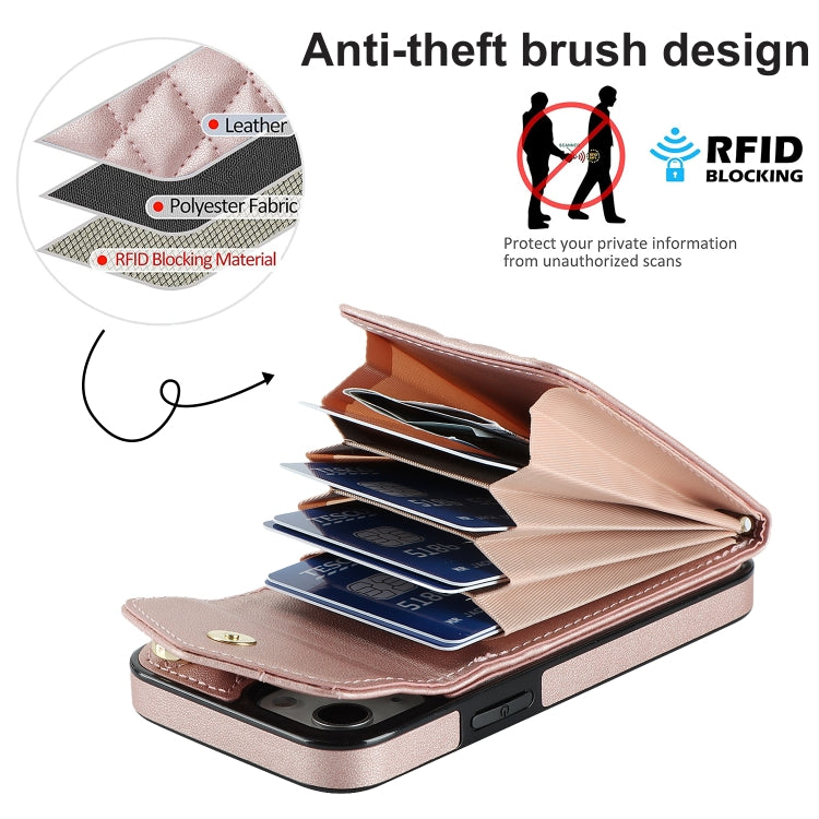 For iPhone 14 Rhombic Texture Card Bag Phone Case with Long Lanyard(Rose Gold) - iPhone 14 Cases by buy2fix | Online Shopping UK | buy2fix