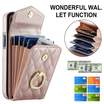 For iPhone 14 Rhombic Texture Card Bag Phone Case with Long Lanyard(Rose Gold) - iPhone 14 Cases by buy2fix | Online Shopping UK | buy2fix