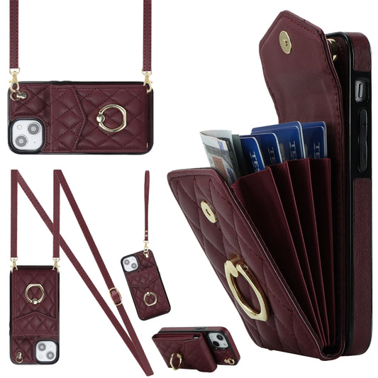 For iPhone 14 Rhombic Texture Card Bag Phone Case with Long Lanyard(Wine Red) - iPhone 14 Cases by buy2fix | Online Shopping UK | buy2fix