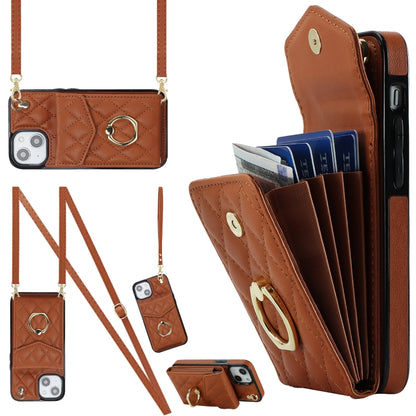 For iPhone 14 Rhombic Texture Card Bag Phone Case with Long Lanyard(Brown) - iPhone 14 Cases by buy2fix | Online Shopping UK | buy2fix