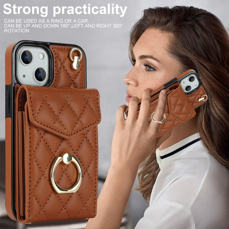 For iPhone 14 Rhombic Texture Card Bag Phone Case with Long Lanyard(Brown) - iPhone 14 Cases by buy2fix | Online Shopping UK | buy2fix