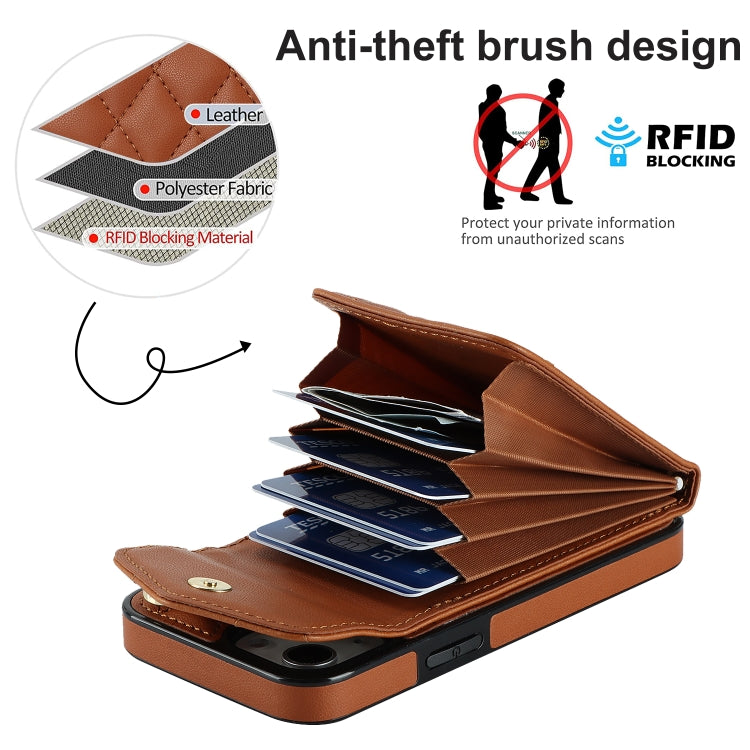 For iPhone 14 Rhombic Texture Card Bag Phone Case with Long Lanyard(Brown) - iPhone 14 Cases by buy2fix | Online Shopping UK | buy2fix