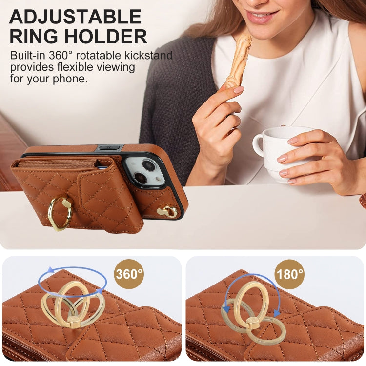 For iPhone 14 Rhombic Texture Card Bag Phone Case with Long Lanyard(Brown) - iPhone 14 Cases by buy2fix | Online Shopping UK | buy2fix