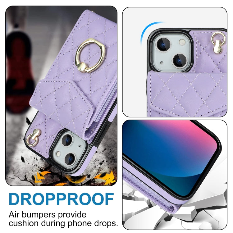 For iPhone 14 Rhombic Texture Card Bag Phone Case with Long Lanyard(Light Purple) - iPhone 14 Cases by buy2fix | Online Shopping UK | buy2fix