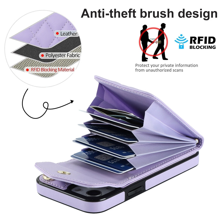 For iPhone 14 Rhombic Texture Card Bag Phone Case with Long Lanyard(Light Purple) - iPhone 14 Cases by buy2fix | Online Shopping UK | buy2fix