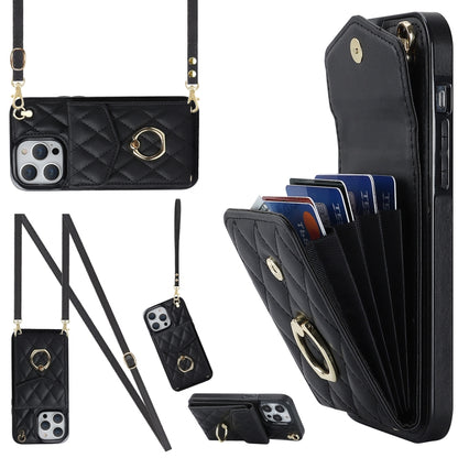 For iPhone 14 Pro Rhombic Texture Card Bag Phone Case with Long Lanyard(Black) - iPhone 14 Pro Cases by buy2fix | Online Shopping UK | buy2fix