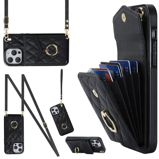 For iPhone 14 Pro Rhombic Texture Card Bag Phone Case with Long Lanyard(Black) - iPhone 14 Pro Cases by buy2fix | Online Shopping UK | buy2fix