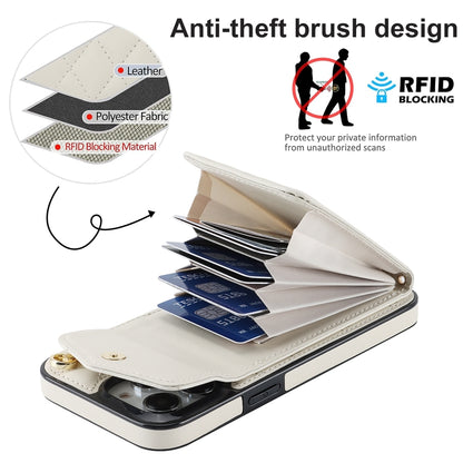 For iPhone 14 Pro Rhombic Texture Card Bag Phone Case with Long Lanyard(White) - iPhone 14 Pro Cases by buy2fix | Online Shopping UK | buy2fix