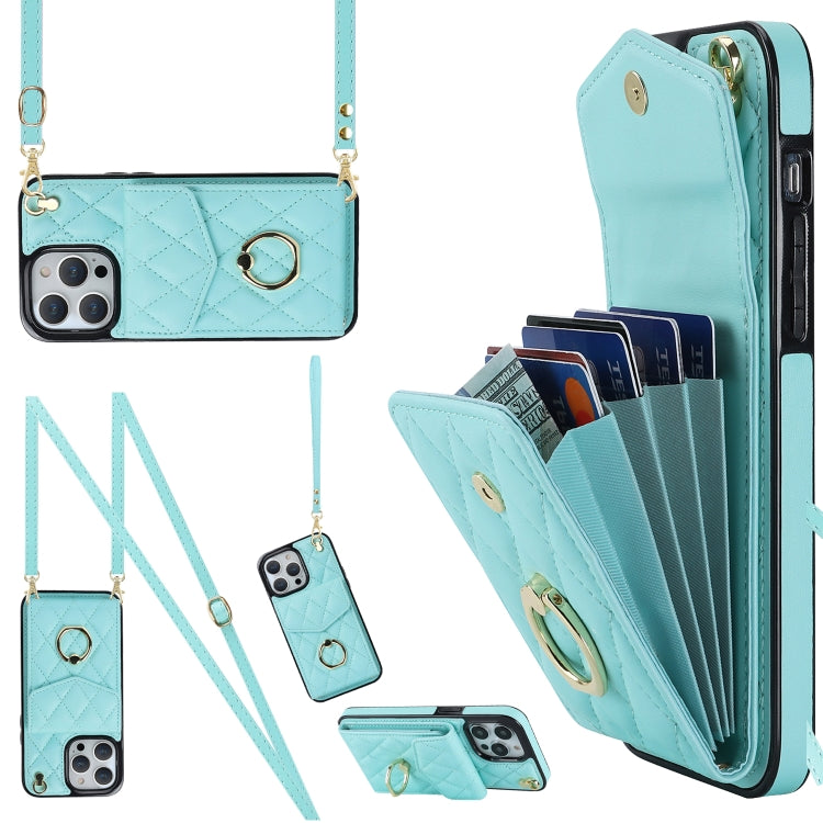 For iPhone 14 Pro Rhombic Texture Card Bag Phone Case with Long Lanyard(Mint Green) - iPhone 14 Pro Cases by buy2fix | Online Shopping UK | buy2fix