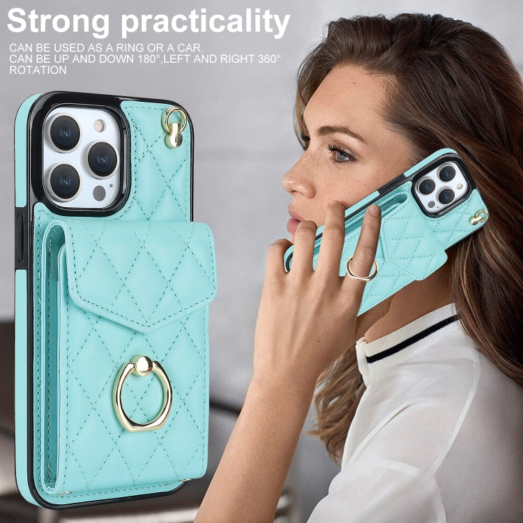 For iPhone 14 Pro Rhombic Texture Card Bag Phone Case with Long Lanyard(Mint Green) - iPhone 14 Pro Cases by buy2fix | Online Shopping UK | buy2fix