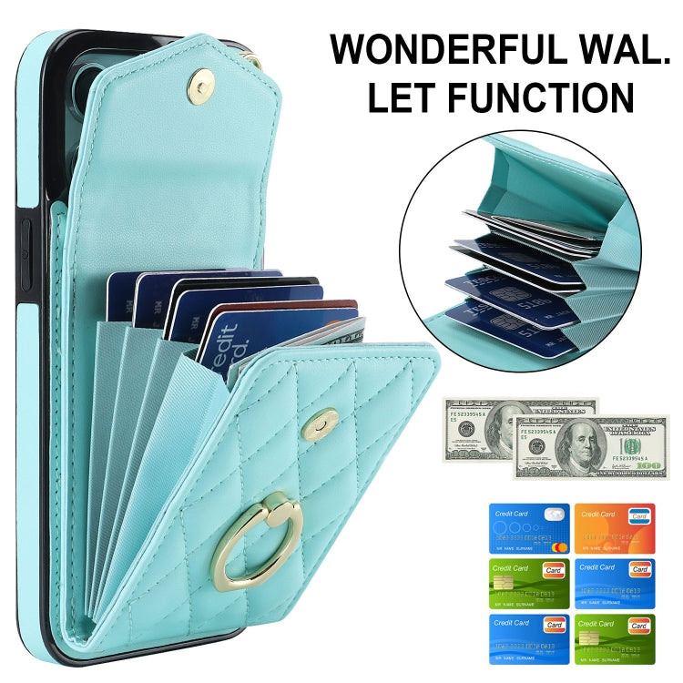 For iPhone 14 Pro Rhombic Texture Card Bag Phone Case with Long Lanyard(Mint Green) - iPhone 14 Pro Cases by buy2fix | Online Shopping UK | buy2fix